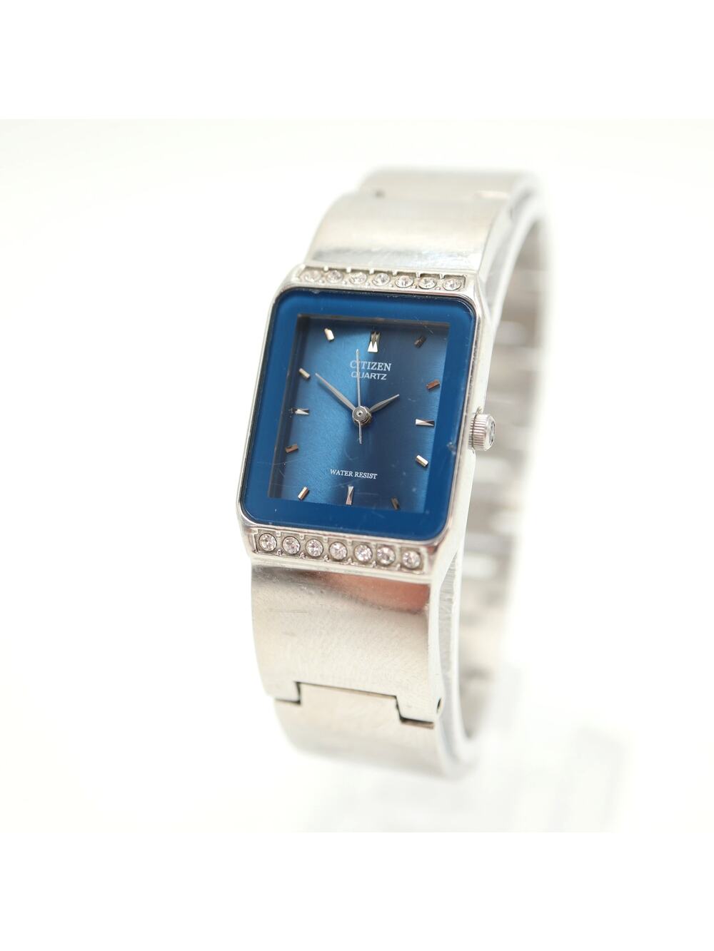 Vintage Citizen Womens Blue 19mm Diamond Tank Watch 5.75" Bracelet w New Battery